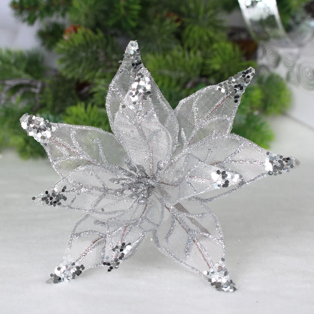 Украшение новогоднее «Пуансеттия - Искристый цветок» 20 см, Серебро