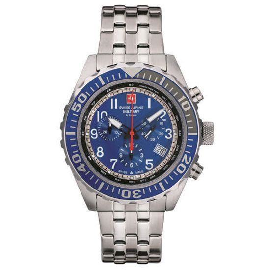 С браслетом Мужские наручные часы с серебряным браслетом Swiss Alpine Military 7076.9135 chrono 44mm 10ATM
