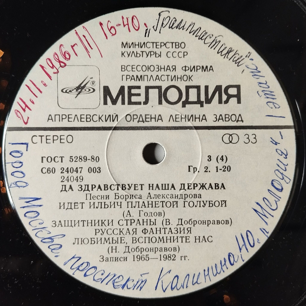 Винтажная виниловая пластинка LP Борис Александров Да Здравствует Наша Держава Военные Песни (СССР 1986)