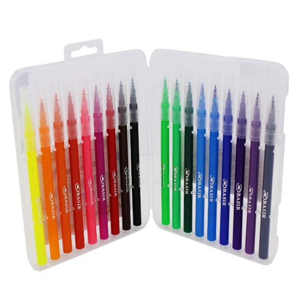 Фломастеры Basir, с мягкой кистью, в боксе, разноцветные, набор 18 шт