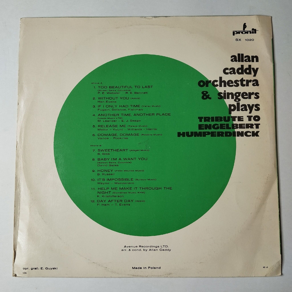 Винтажная виниловая пластинка LP Allan Caddy Orchestra and Singers Tribute To Engelbert Humperdinck (Польша 1974)