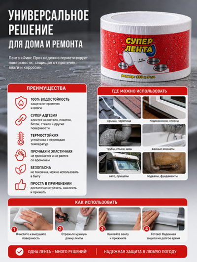 Лента клейкая водостойкая ФИКС ПРО, 150*5 см, белая
