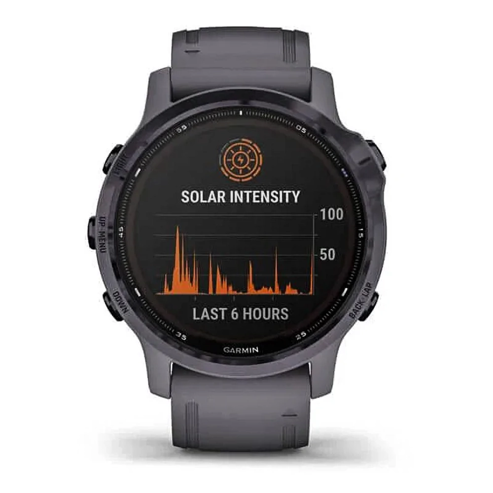 Спортивные наручные часы Garmin Fenix 6s Pro Solar аметистовый с темно-серым ремешком 010-02409-15