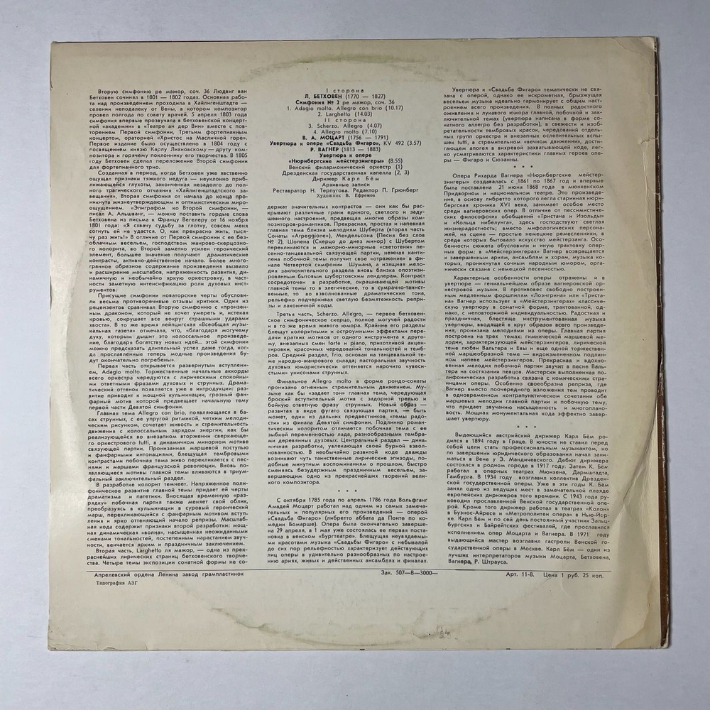 Винтажная виниловая пластинка LP Л. Бетховен, В. А. Моцарт, Р. Вагнер, Дирижер Карл Бём Симфония № 2 (СССР 1978)