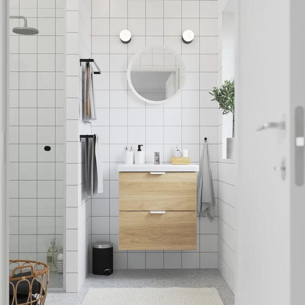 Шкаф умывальник с ящиками/мойкой/смесителем- ENHET / TVÄLLEN  /TVАLLEN  IKEA/ ЭНХЕТ / ТВЭЛЛЕН ИКЕА, белый/имитация. дуб, 64х43х65 см