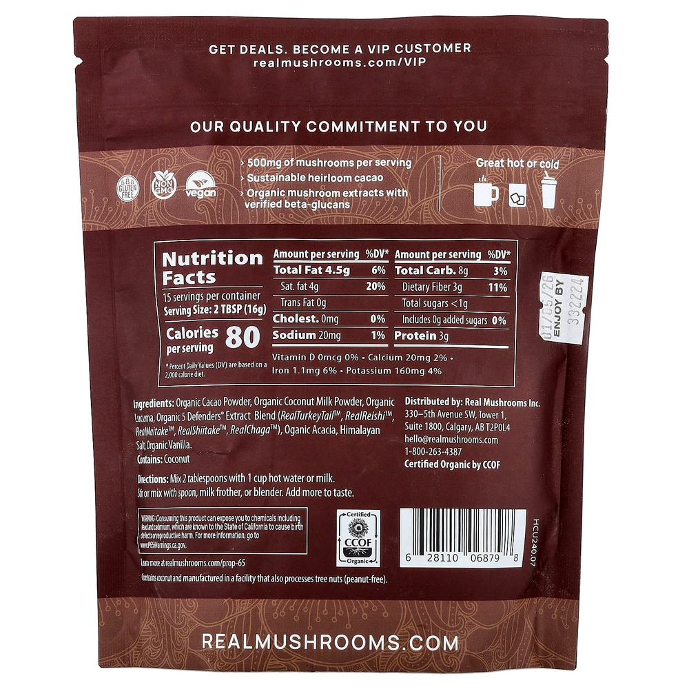 Real Mushrooms, горячий шоколад с грибами и 5 Defenders®, без сахара, 240 г
