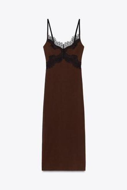 ZARA КОМБИНИРОВАННОЕ КРУЖЕВНОЕ ПЛАТЬЕ, КОРИЧНЕВЫЙ