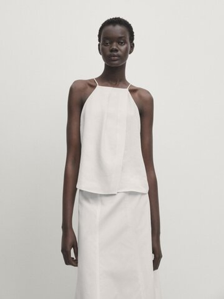 Massimo Dutti Короткий топ из льняной смеси, кремовый
