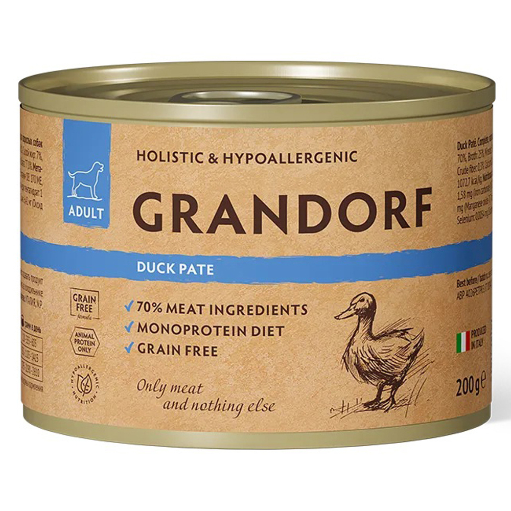 GRANDORF (Duck Pate) MONOPROTEIN монопротеиновый влажный корм для собак всех пород (беззерновая формула для особо аллергичных собак), УТКА, 200г х 6 шт