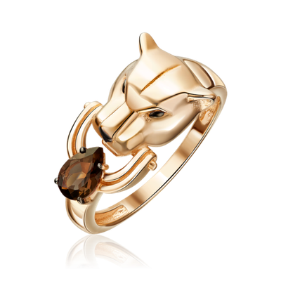 Кольцо «Пантера» из красного золота с кварцем дымчатым
