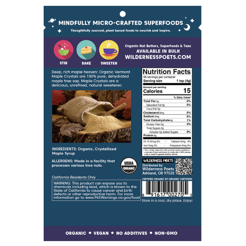 Wilderness Poets, органический вермонтский кленовый сироп в кристаллах, 226 г (8 унций)