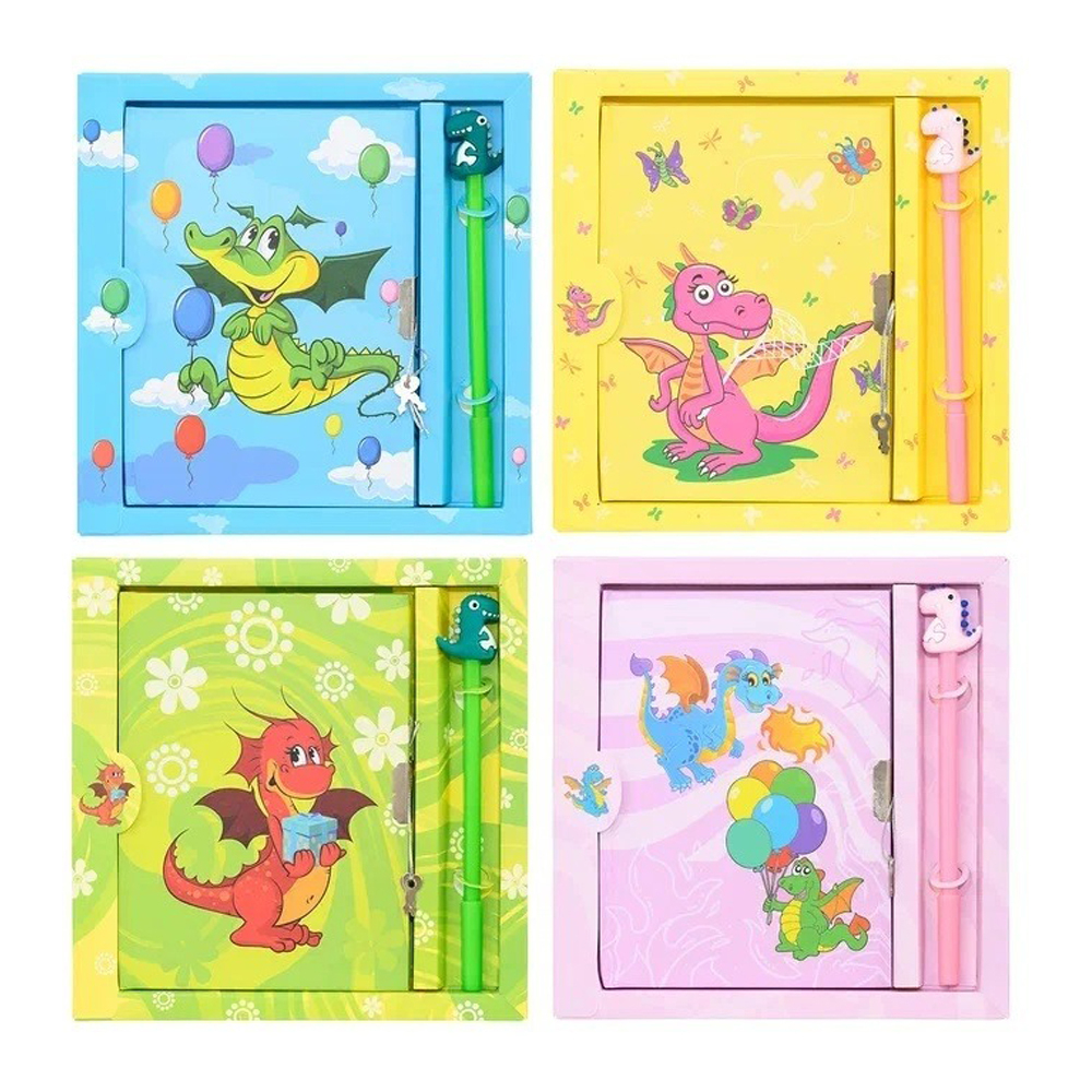 Блокнот детский Basir на замке, с ручкой, формат А6, серия "Дракон", с игрушкой, переплет 7БЦ, 18*13.2 см, 48 листов, ассорти