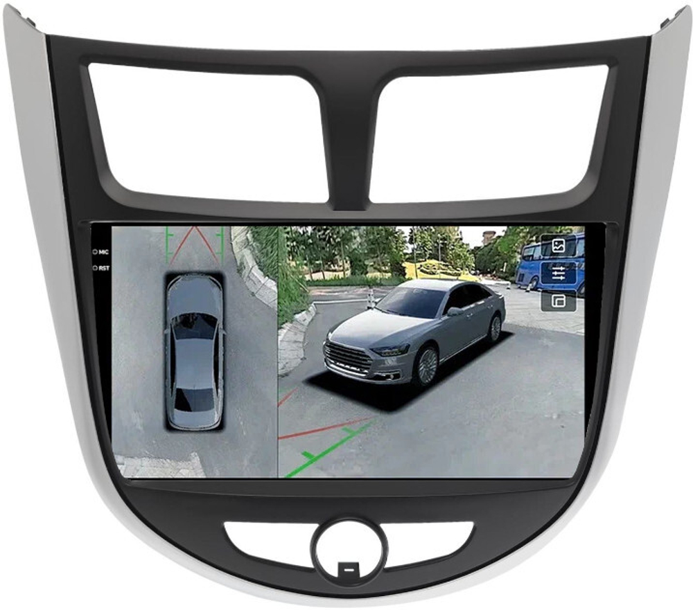 Магнитола для Hyundai Solaris 1 2010-2016 (рамка серебристо-черная тип 3) - Teyes CC3-2K-360 на Android 10, 2K QLED, 6Гб+128Гб, CarPlay, 4G SIM-слот, 4 камеры в комплекте