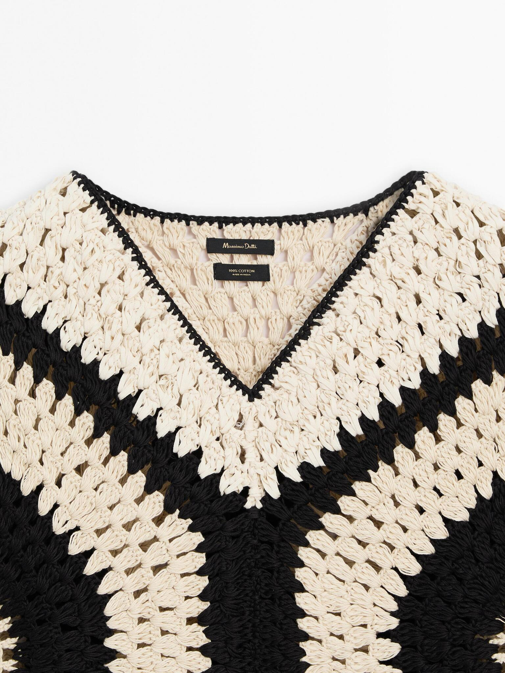 Massimo Dutti Топ из кружева кроше с контрастной деталью, натуральный, кремовый