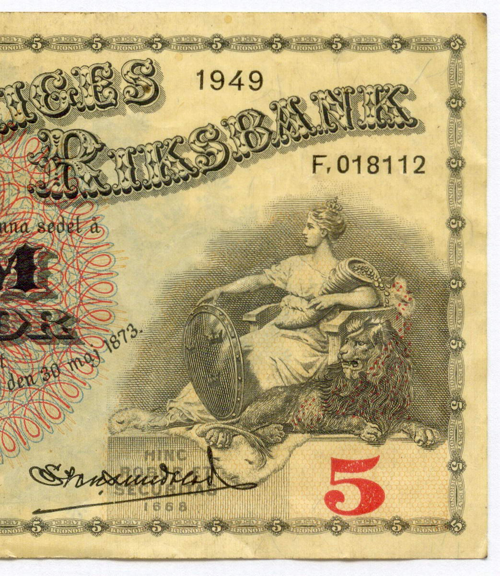 Банкнота Швеция 5 крон 1949 год F.018112. VF