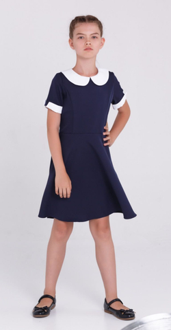 Платье школьное для девочки на последний звонок на первое 1 сентября СССР синее короткий рукав
