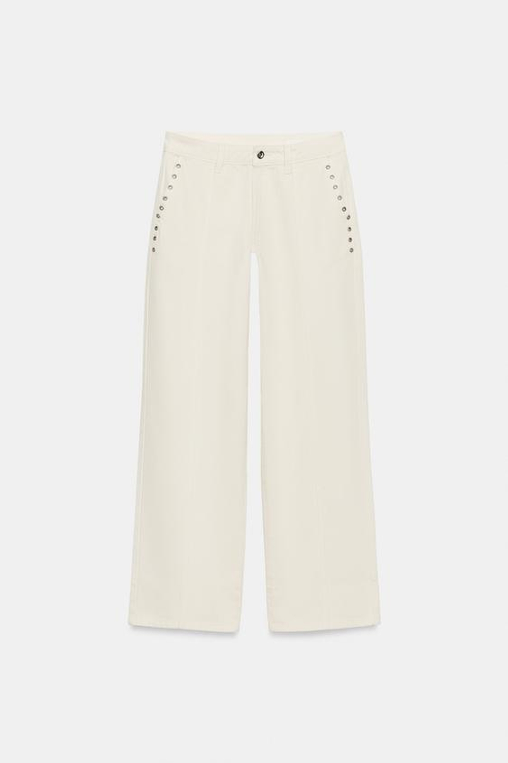 ZARA БРЮКИ STRAIGHT FIT С НИЗКОЙ ПОСАДКОЙ И ЛЮВЕРСАМИ, ЖЕЛТОВАТО-БЕЛЫЙ