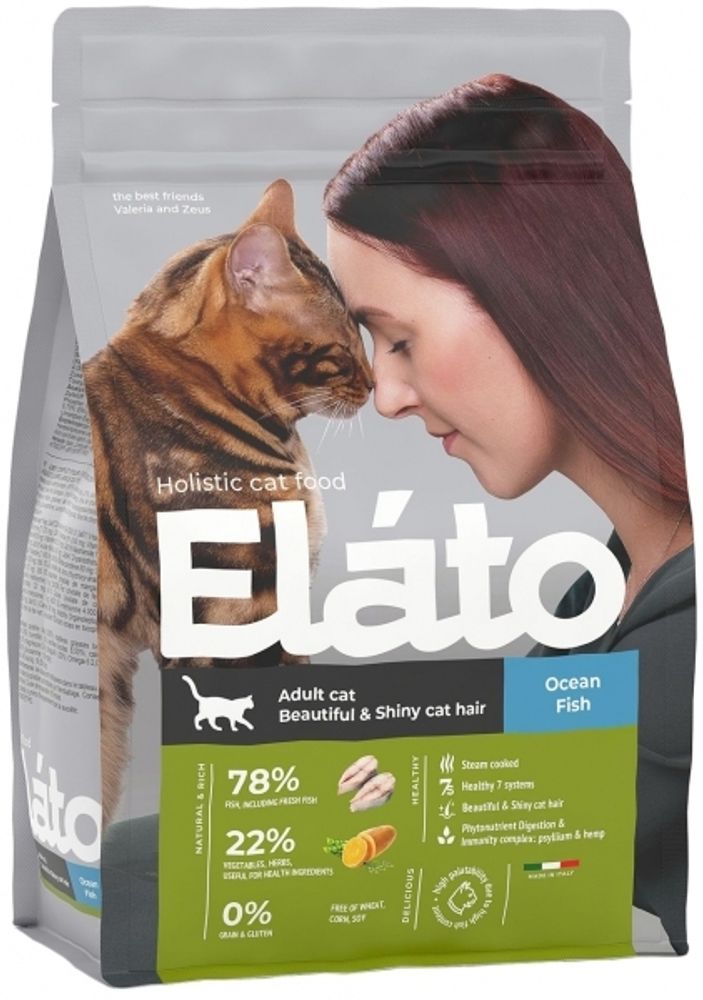Elato 1,5кг Holistic Сухой кормдля кошек, для блестящей шерсти, с рыбой