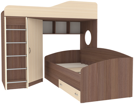 Кровать-чердак КарИВи Кадет 2 с металлической лестницей Бодего Темный  Дуб Молочный