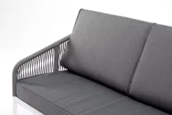 "Канны" диван 3-местный плетеный из роупа, каркас алюминий белый муар, роуп светло-серый круглый, ткань серая 017