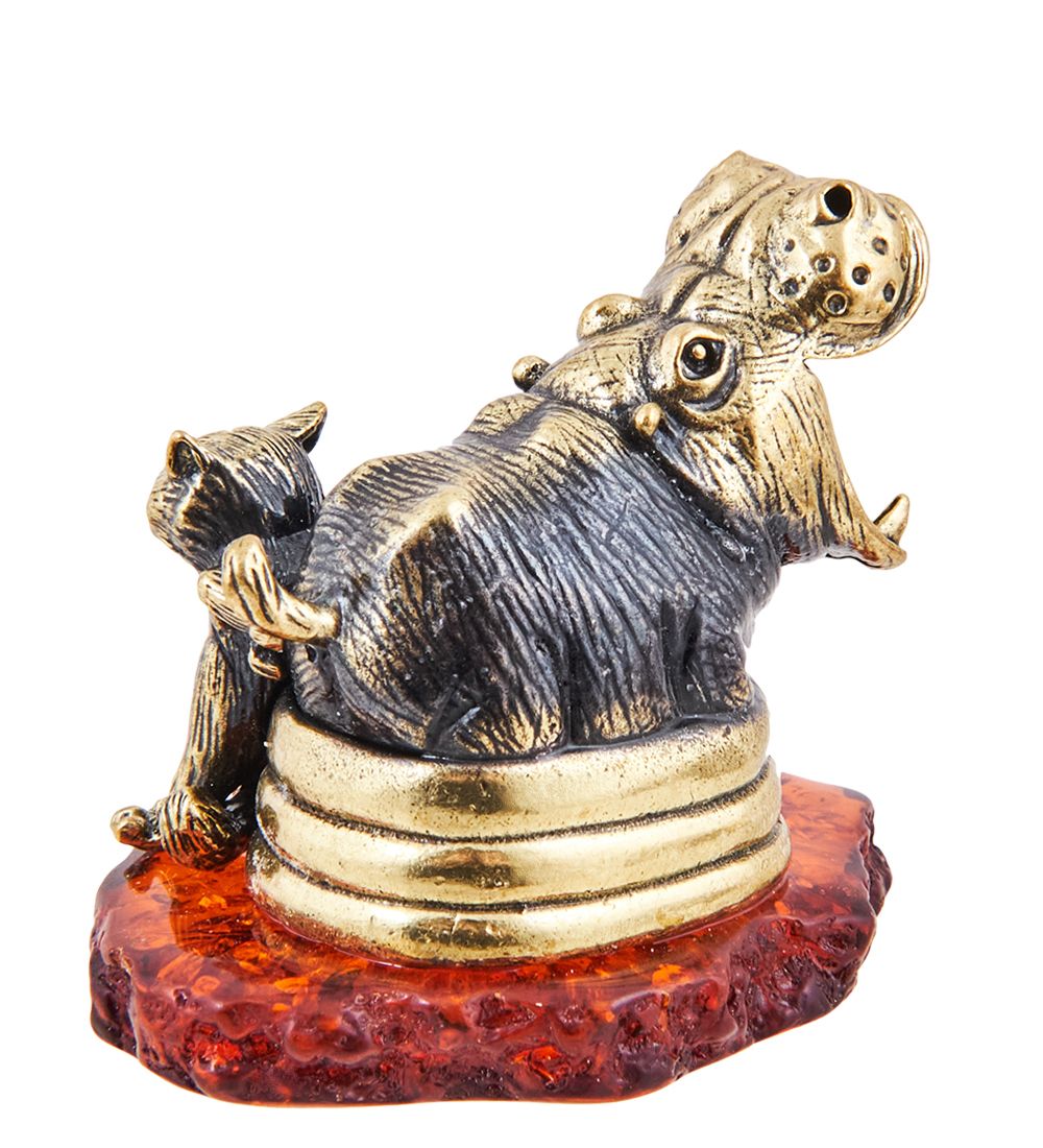 AM-3645 Фигурка «Бегемот и Кот - Держись Бро» (латунь, янтарь)