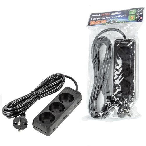 S-CU3-3 BLACK Удлинитель серии Ultra, шнур 3м., 3 гнезда, 10A, б/з. Черный. TM Uniel