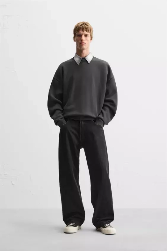 ZARA ТОЛСТОВКА С ЭФФЕКТОМ ПОТЕРТОСТИ, ЧЕРНЫЙ