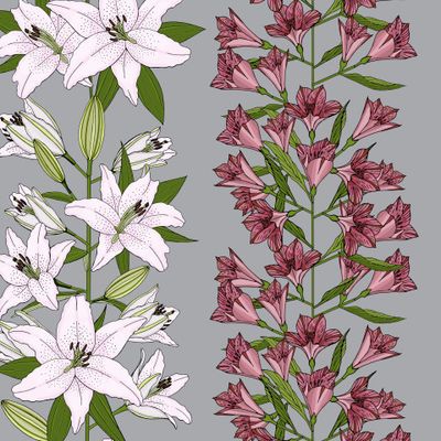 цветочный паттерн лилия и альстромерия на сером фоне