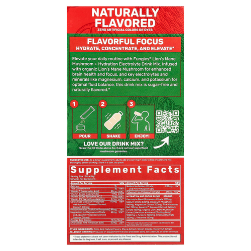 Fungies, ежовик гребенчатый, гриб, гидратация, смесь для приготовления электролитического напитка, вишневый лаймад, 6 пакетиков по 8 г (0,28 унции)