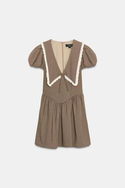 ZARA ПЛАТЬЕ В КЛЕТКУ С КРУГЛЫМ ВОРОТНИКОМ, ОТТЕНКИ КОРИЧНЕВОГО