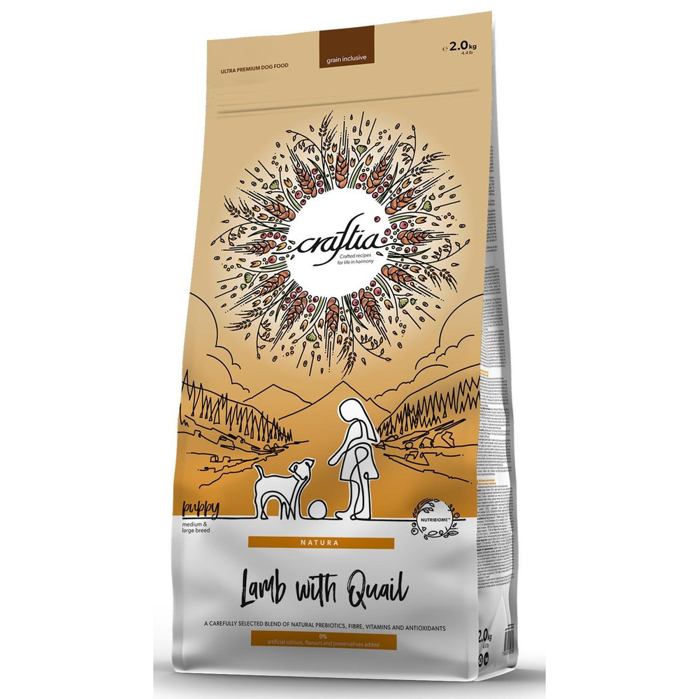 Корм для щенков Craftia Natura, 2 кг, ягненок и перепелка