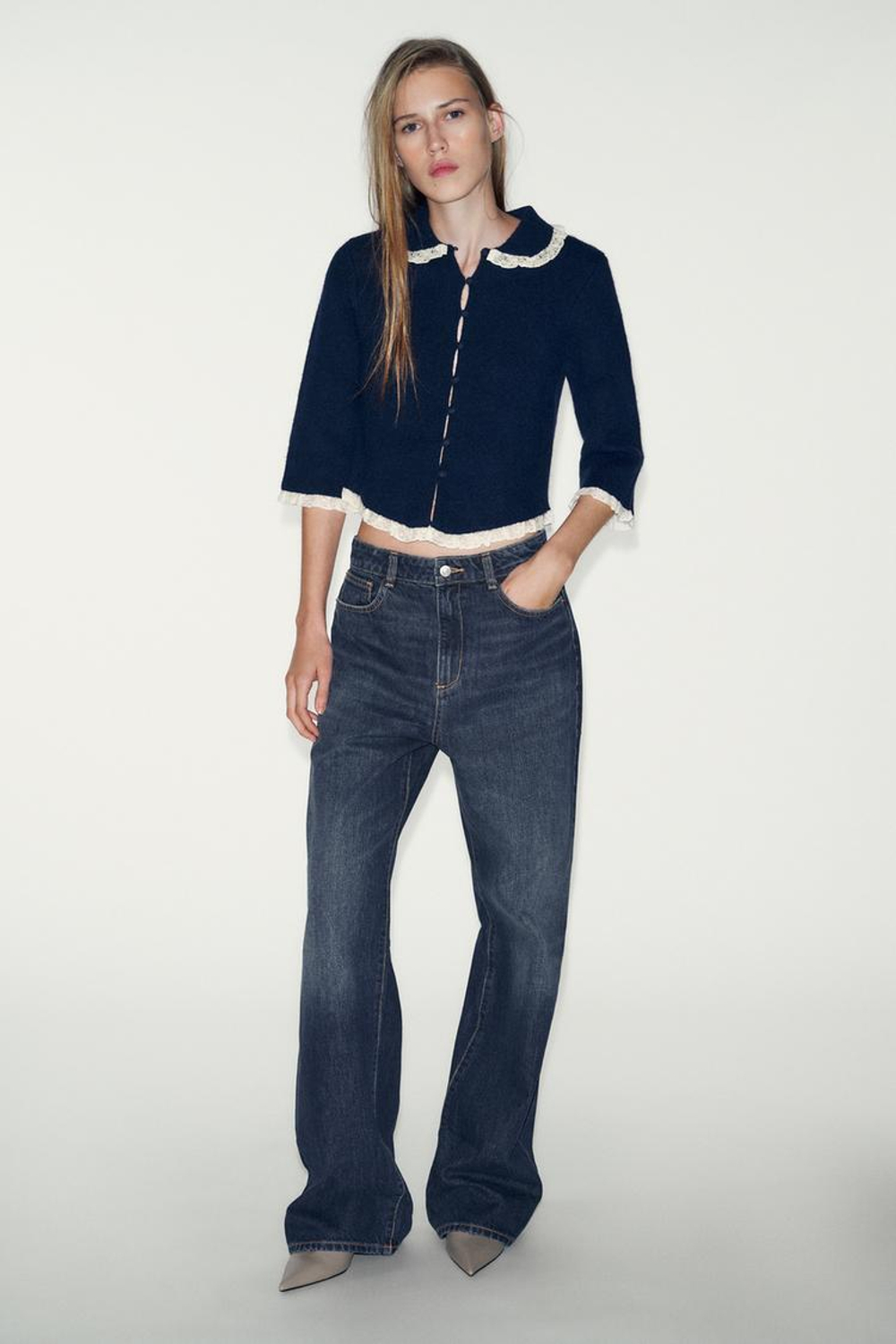 ZARA КАРДИГАН С КРУГЛЫМ ВОРОТНИКОМ И КРУЖЕВОМ, МОРСКОЙ СИНИЙ