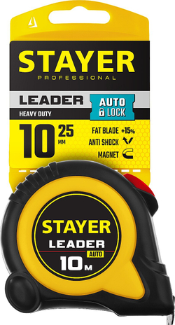 STAYER Leader, 10 м х 25 мм, рулетка с автостопом, Professional (3402-10-25)
