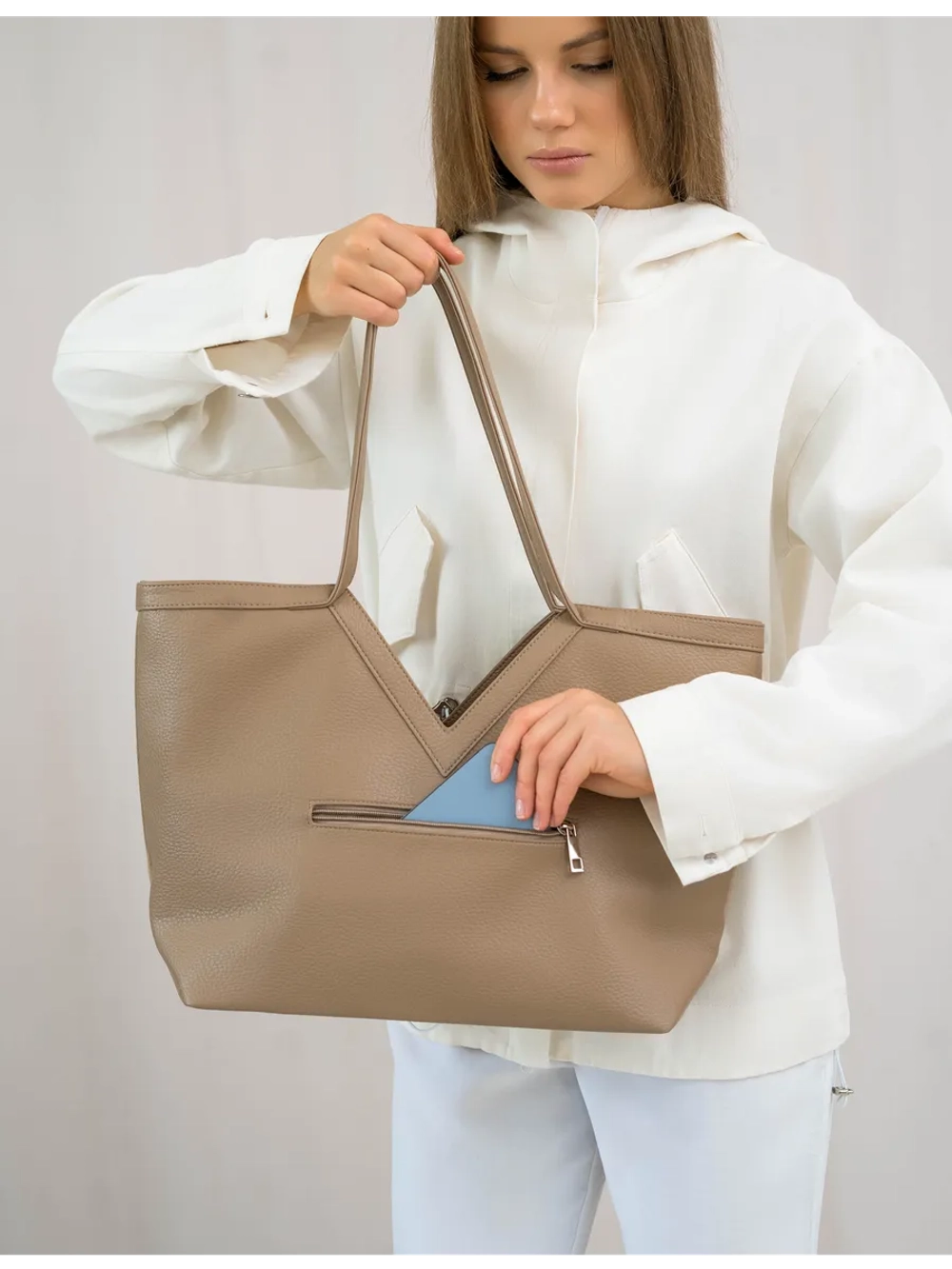 Сумка через плечо большая шоппер натуральная замша