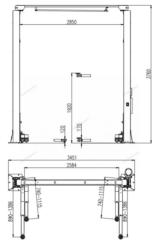 NORDBERG (N4121H-4T_220) Подъемник 2-стоечный 4 т с верхней синхронизацией, 220 В