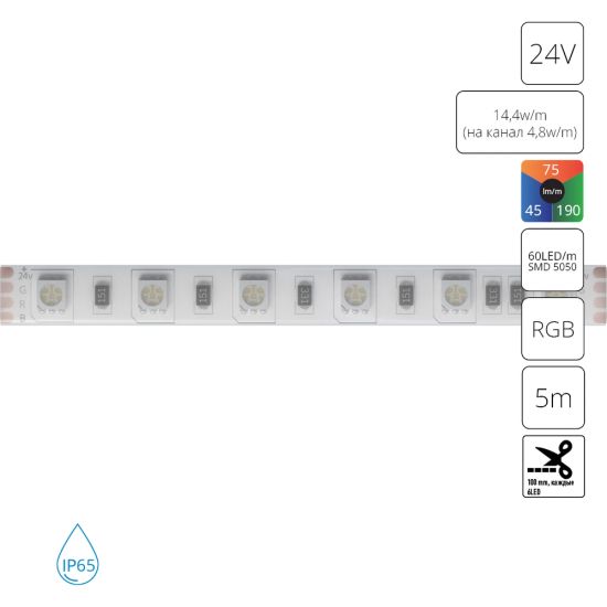 Светодиодная лента 24V 14,4W/m (на канал 4,8W/m) RGB 5м IP65 Arte Lamp AQUA TAPE A2406010-02-RGB