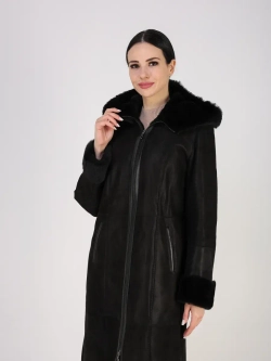 Дубленка зимняя натуральная с капюшоном длинная