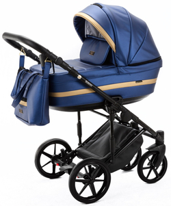 Детская коляска Adamex Rimini Deluxe 2 в 1 RI240 СИН.ПЕРЛ.КОЖА+ЗОЛОТО.ОТДЕЛКА