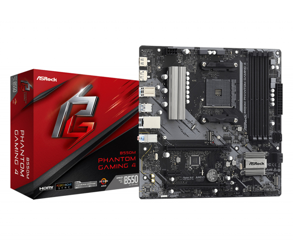 Материнская плата ASRock B550M Phantom Gaming 4 Socket AM4, AMD B550, 4xDDR4, PCI-E 4.0, 4xUSB 3.2 Gen1, HDMI, DisplayPort, mATX