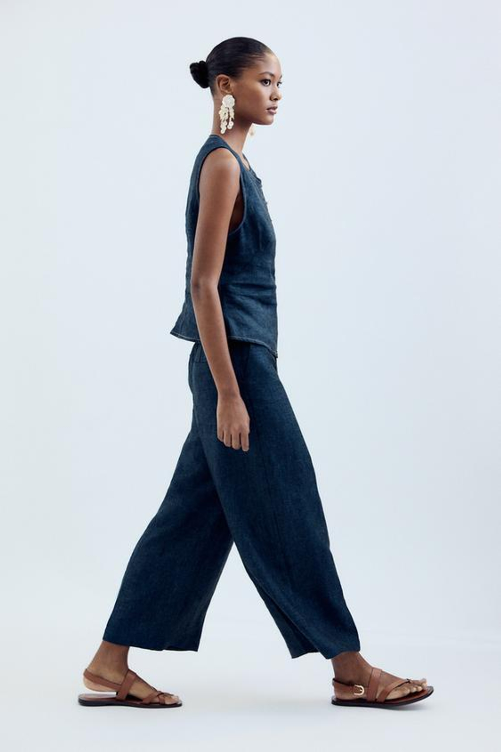 ZARA ЛЬНЯНЫЕ БРЮКИ-КЮЛОТЫ, ИНДИГО