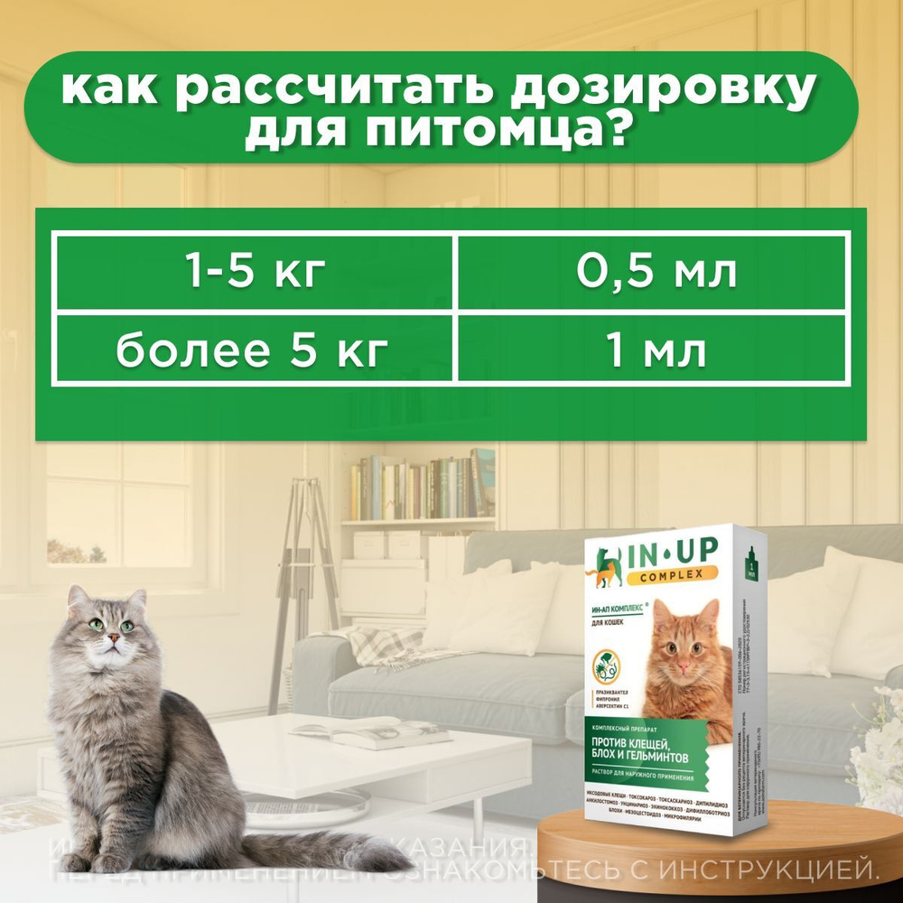 Комплексные капли от блох, клещей и гельминтов для кошек всех пород ИН-АП Празиквантел/Фипронил/Аверсектин C1
