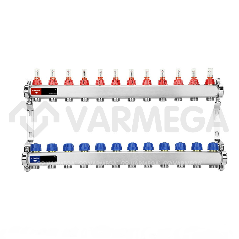 Распределительный коллектор (группа) с расходомерами Varmega VM15112 ВР 1", на 12 контуров 3/4" EK, нержавеющая сталь