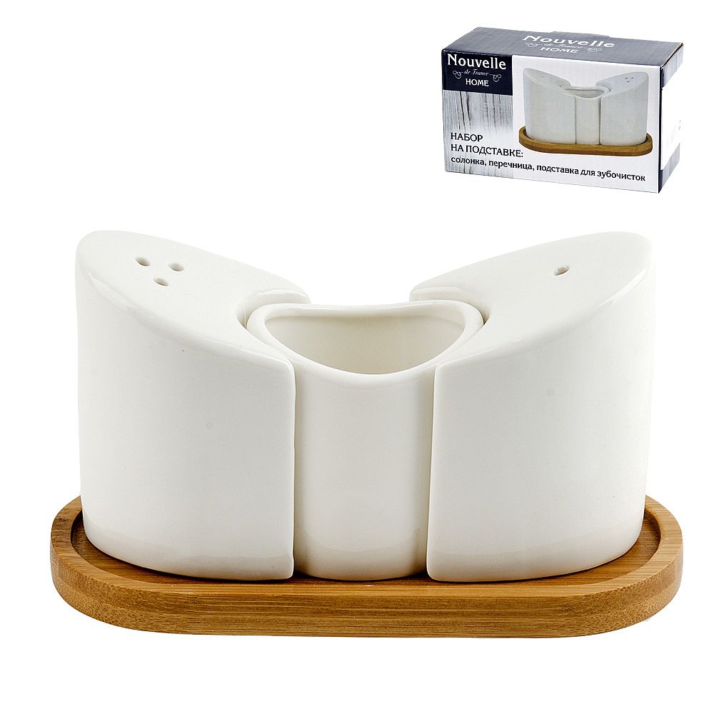 Набор для специй солонка/ перечница/ подставка для зубочисток " " на бамбуковой подставке