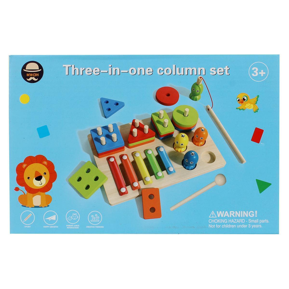 Развивающая игрушка 3 в 1 деревянная (сортер, металлофон, рыбалка с пчелками), коробка C-41637