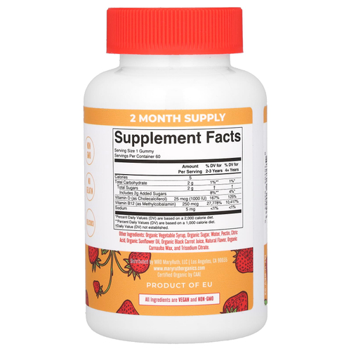 MaryRuth's, органический витамин D3 и B12, со вкусом клубники, 60 жевательных таблеток