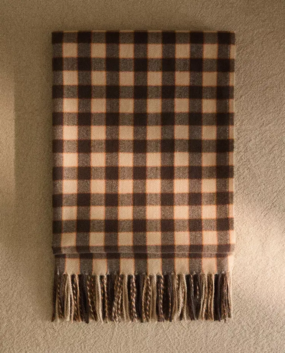 ZARA HOME ПЛЕД В КЛЕТКУ С БАХРОМОЙ, КОРИЧНЕВЫЙ