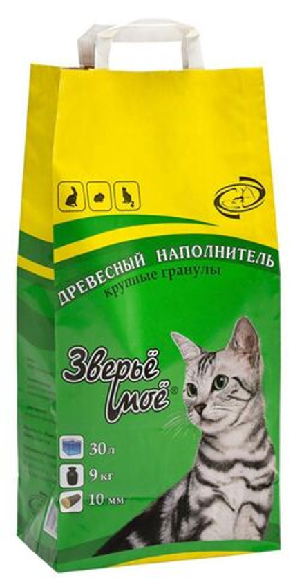 Древесный наполнитель Зверьё моё для кошачьих туалетов крупные гранулы 30 л