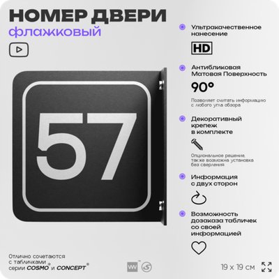 Табличка флажковая с номером 57 на дверь квартиры, для офиса, кабинета, аудитории, склада, черная двустороняя 19х19 см, Айдентика Технолоджи