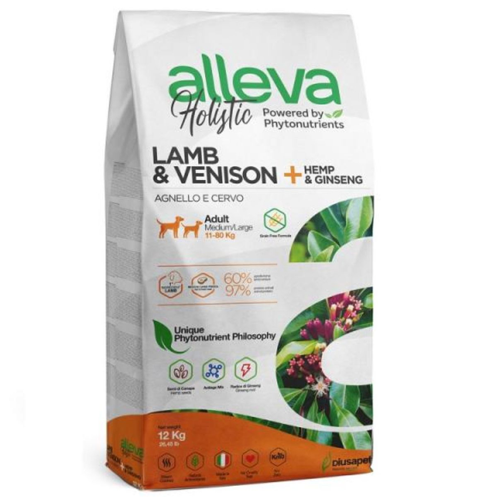 Корм Аллева Холистик Holistic Lamb & Venison + Hemp & Ginseng Medium/Maxi для взрослых собак средних и крупных пород, с ягненком и олениной и женьшенем, 12 кг