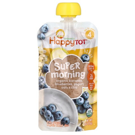 Happy Family Organics, Happy Tot®, Super Morning, для детей от 2 лет, органические бананы, голубика, йогурт, овес и чиа, 113 г (4 унции)